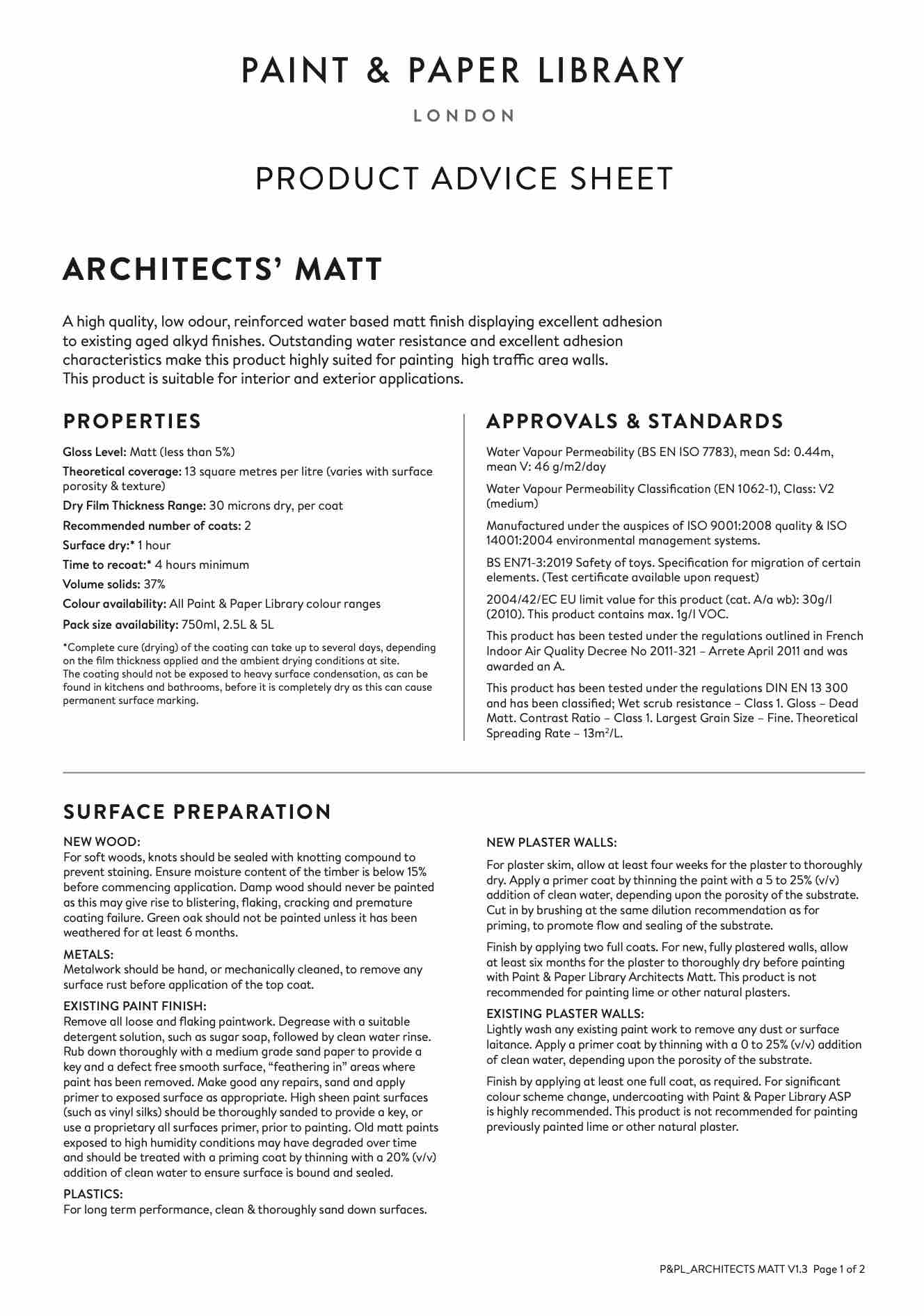 Productinformatie P&PL Architect's Matt (EN)